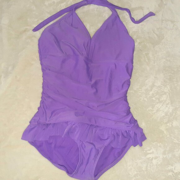 CIRCO 1 PC SWIMSUIT PURPLE RUFFLED RUCHED SIDES BATHING SUIT-GIRLS SIZE XL 14-16 - Picture 1 of 3